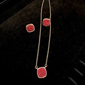 Maroon Druzy Necklace & Stud Earring Set | Gold Tone | Statement Jewelry